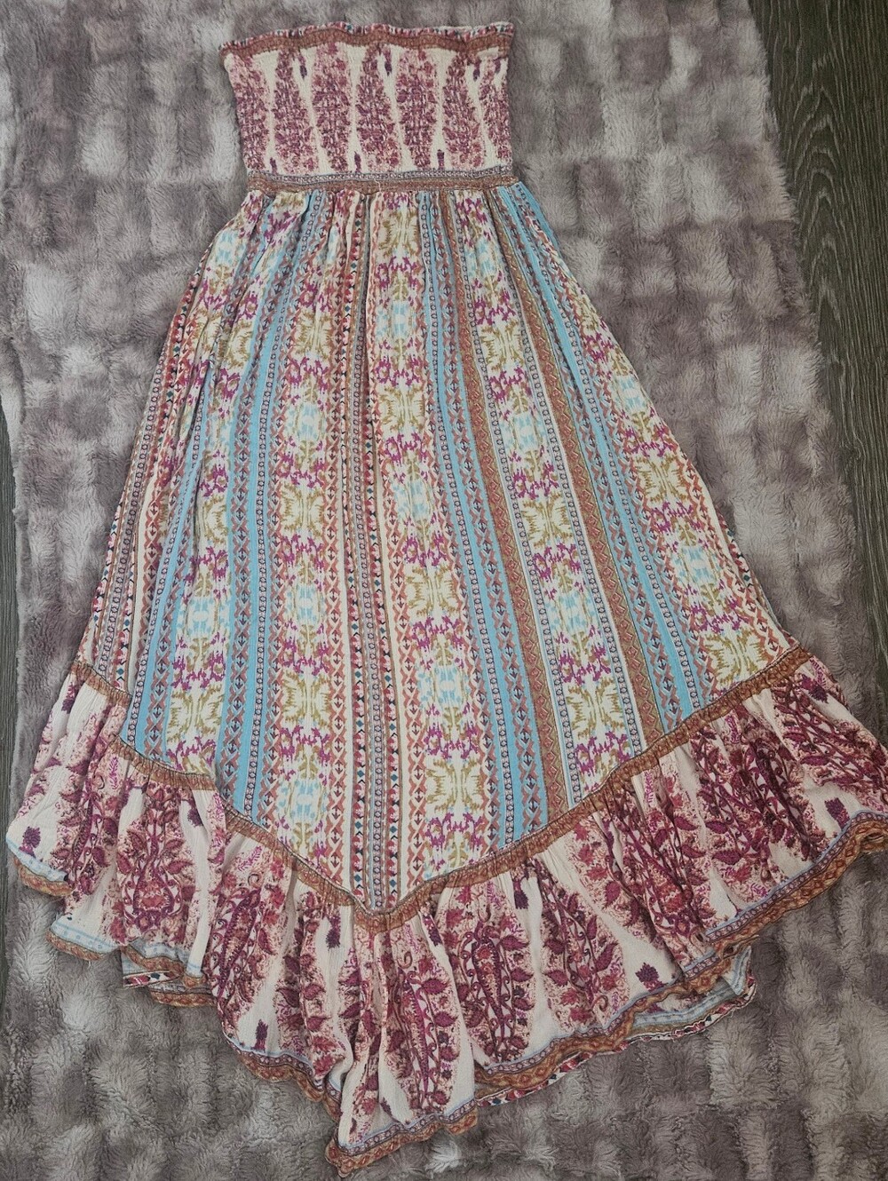 Angie Strapless Boho Maxi Skirt in Pink and Light Blue